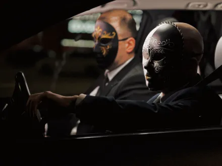 Klipo „3 Seconds“ kadras: du kaukėti personažai automobilyje